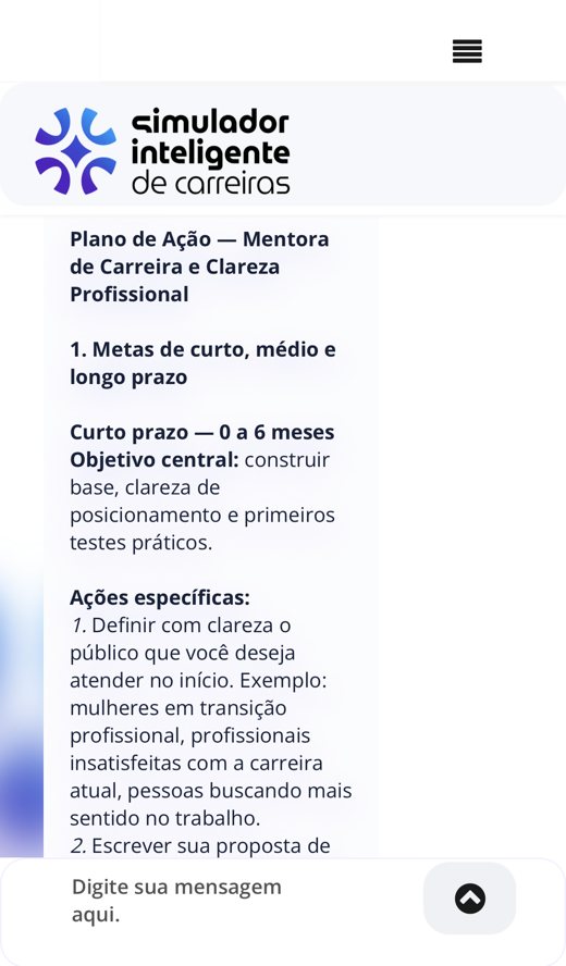 Tela do Simulador com um plano de ação de curto, médio e longo prazo