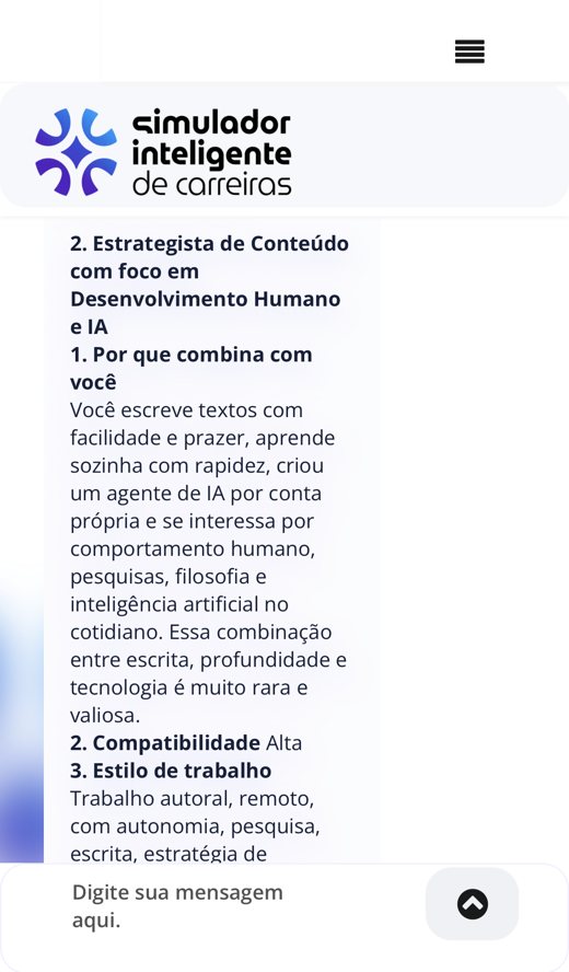 Tela do Simulador com uma sugestão de carreira: campo de atuação, faixa salarial estimada e o que essa carreira oferece